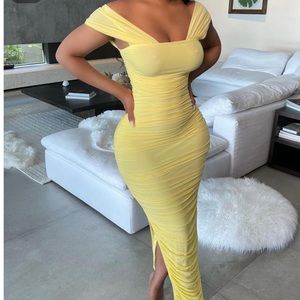 NEW High Slit Ruched Square Neck Maxi Dress